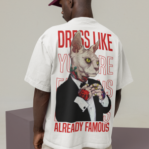 Бяла Мъжка Тениска "Oversize Famous Cat"